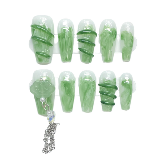 Chinese style ancient style handmade nail art, high-end halo dyed jade, jade, jade, and jade entanglement, medium length handmade wearable armor【1068】