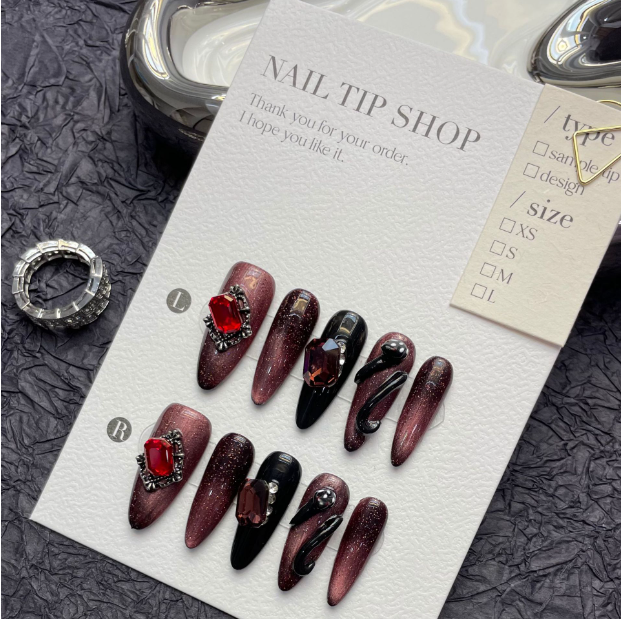 European and American Spice Girls' three-dimensional snake pattern false nail patch shows white wear nail enhancement finished product hand dark blood red spice girls' nail enhancement【1270】