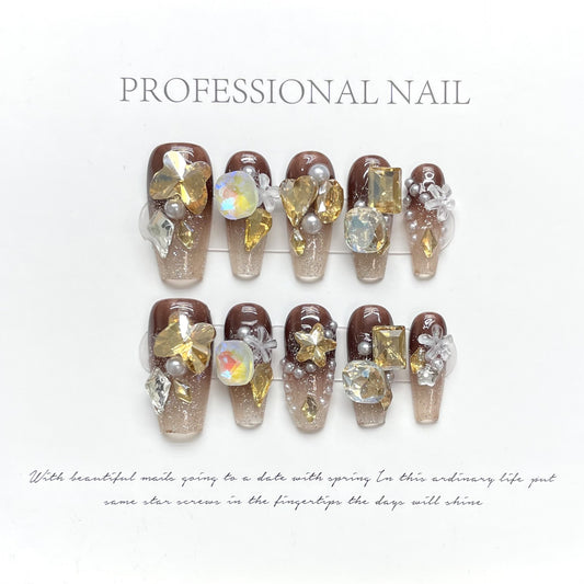 [New] Handmade Nail Wearing, Various Styles of Nail Wearing, Nail Patches, Detachable Handmade Nail Patches， Caramel full diamond【986】